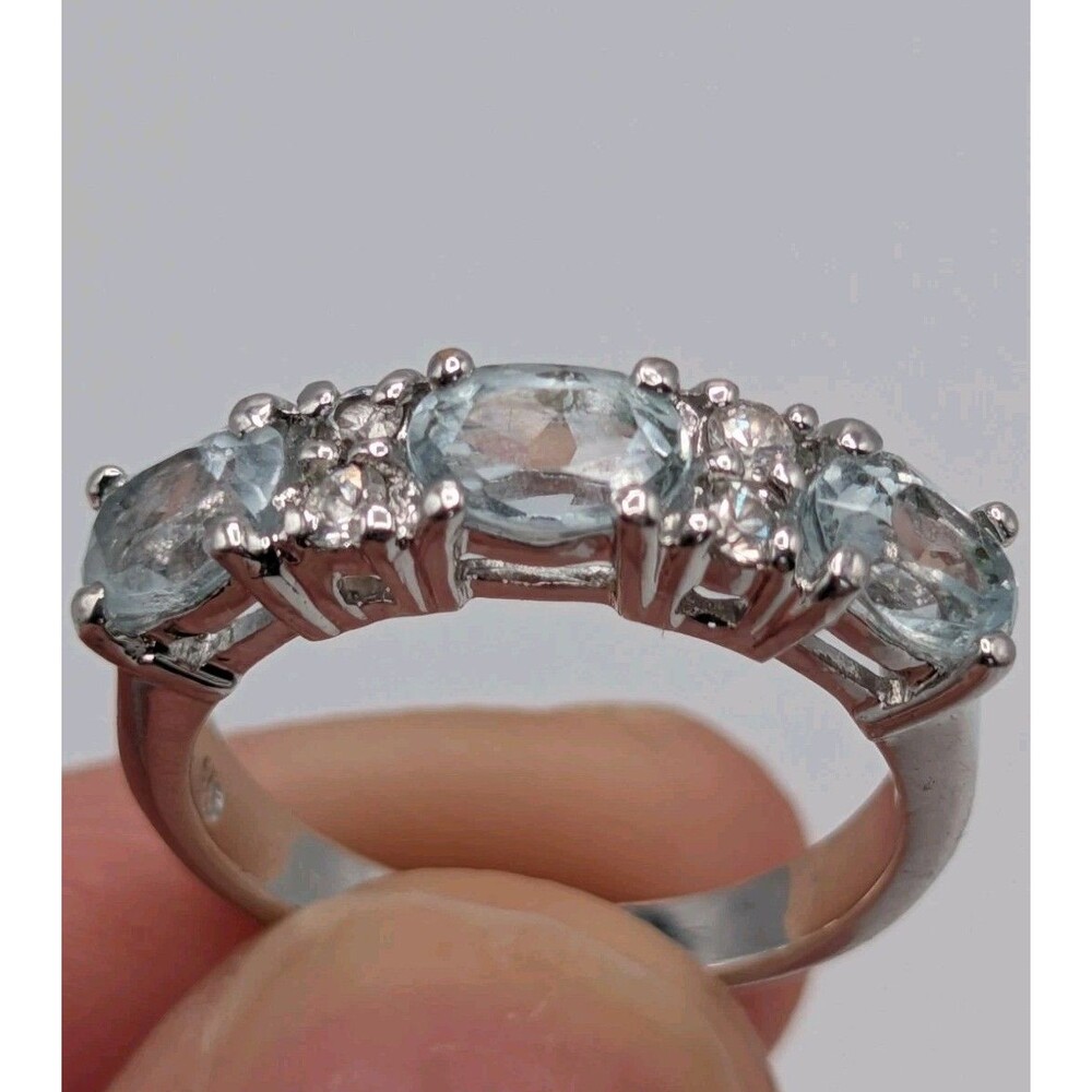 Light Blue Topaz Cubic Zirconia 925 Plated Silver Ring 1.6 Carat 2.95g
